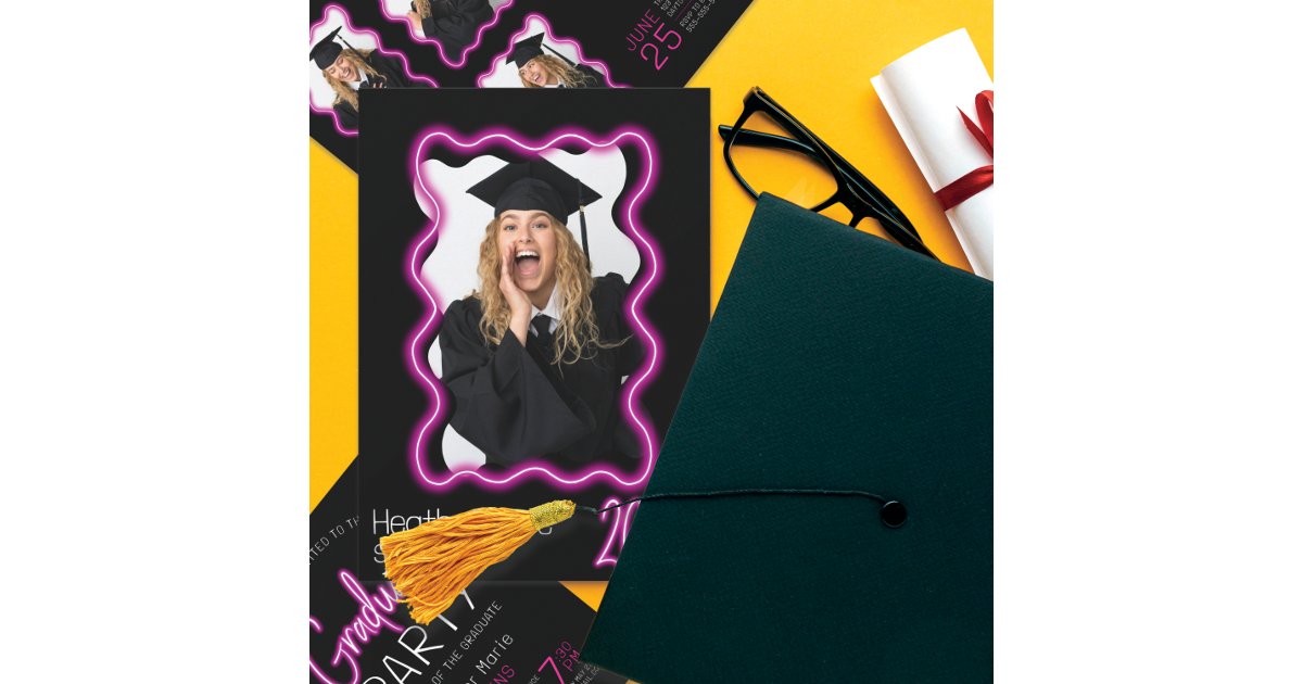 Neon Glow Wavy Border Photo Graduation Party Invitation