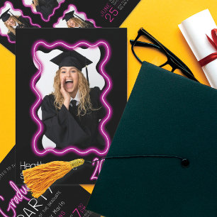 Neon Glow Wavy Border Photo Graduation Party Invitation