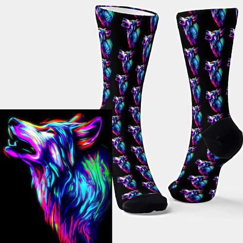 Neon Glow Wolf Head on Black Socks