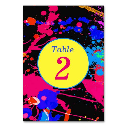 Neon Glow Yellow Pink Purple Paint Splatter Table Number