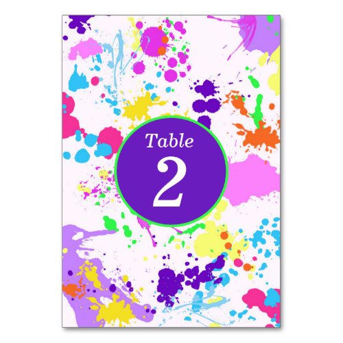 Neon Glow Yellow Pink Turquoise Paint Splatter Table Number