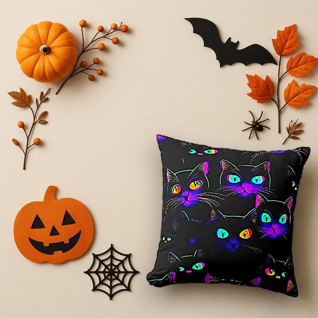 Neon Glowing Black Cat Spooky Throw Pillow (Creator Uploaded)