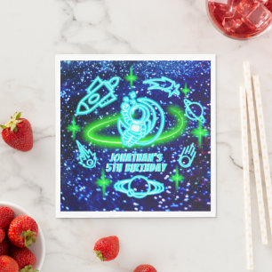 Neon Glowing Blue Outer Space Astronaut Rocket Napkins