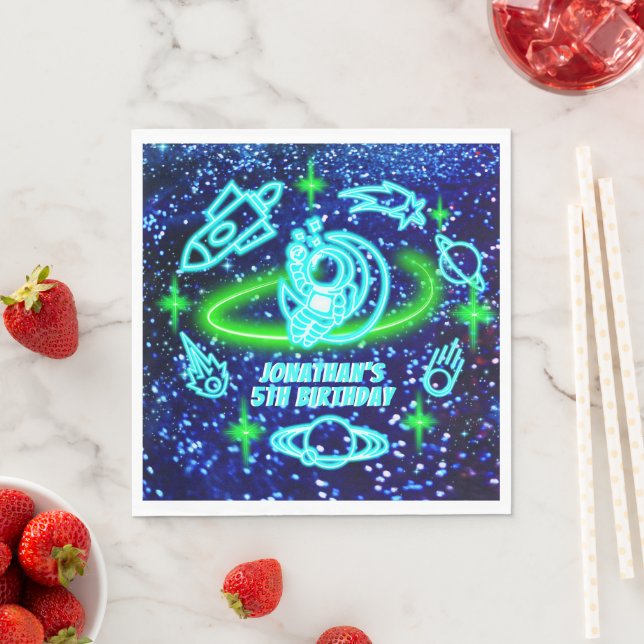 Neon Glowing Blue Outer Space Astronaut Rocket Napkins (Insitu)