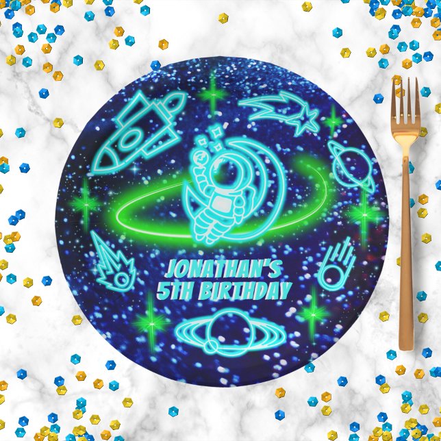 Neon Glowing Blue Outer Space Rocket Ship Boy's Paper Plates (Creator Uploaded)