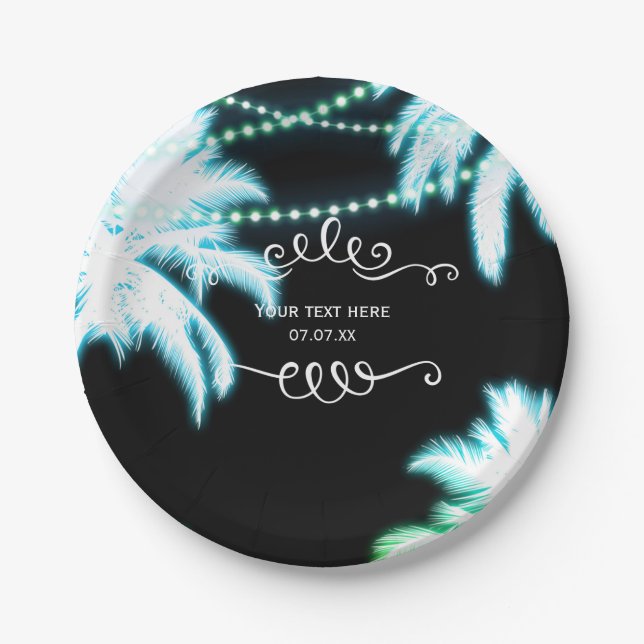 Neon Glowing Palm Trees Beach Party Summer Paper Plates (Front)
