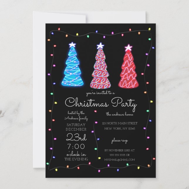 Neon Glowing Trees Lights Border Christmas Invitation (Front)