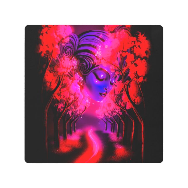 Neon Goddess in Enchanted Forest Metal Print (Front)