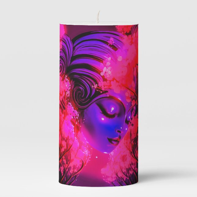 Neon Goddess in Enchanted Forest Pillar Candle (Front)