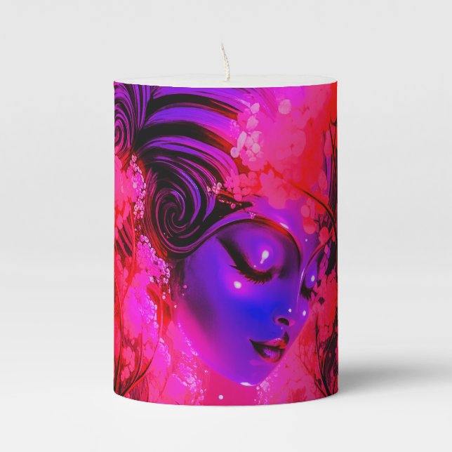 Neon Goddess in Enchanted Forest Pillar Candle (Front)