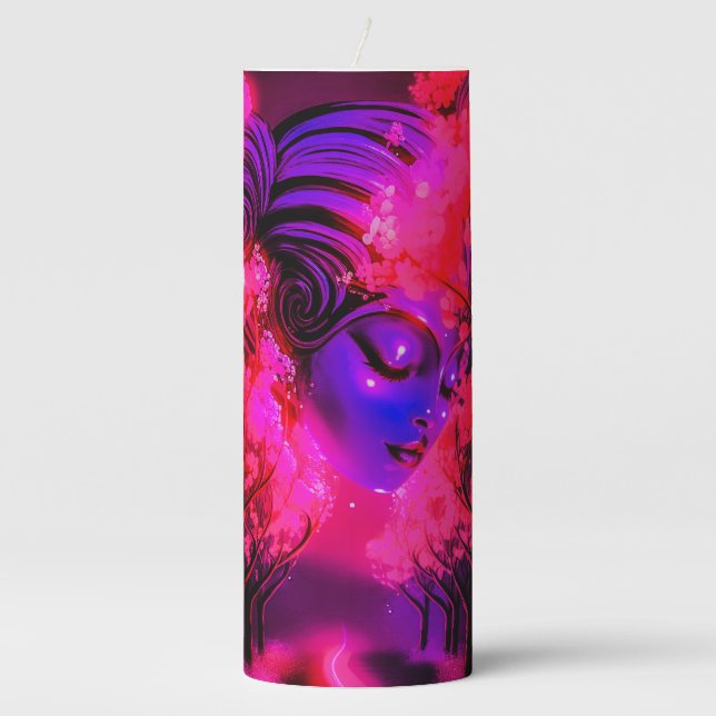 Neon Goddess in Enchanted Forest Pillar Candle (Front)