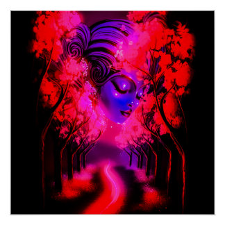 Neon Goddess in Enchanted Forest Poster