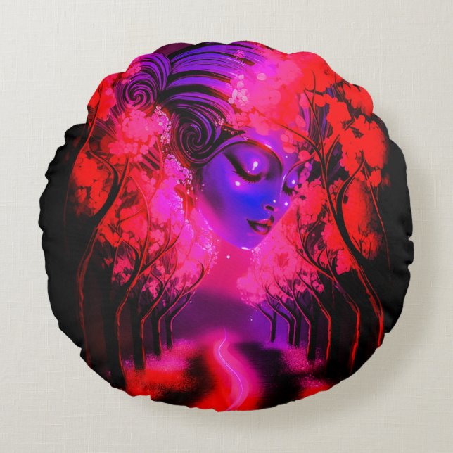 Neon Goddess in Enchanted Forest Round Pillow (Front)