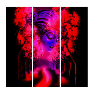 Neon Goddess in Enchanted Forest Triptych