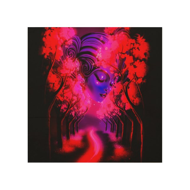 Neon Goddess in Enchanted Forest Wood Wall Art (Front)