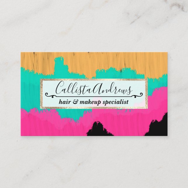 Neon Gold Pink Teal Brushstroke Color Blocks Business Card (Front)