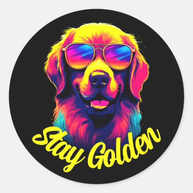 Neon Golden Retriever Classic Round Sticker (Front)