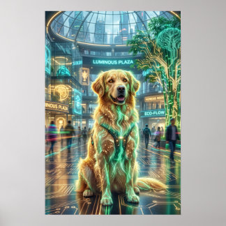 Neon Golden Retriever Luminous Plaza Poster