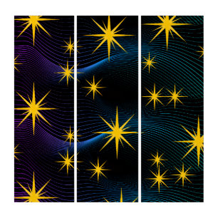 Neon Golden Stars Cosmic Wave Triptych Wall Art