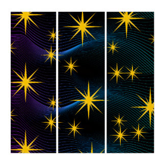 Neon Golden Stars Cosmic Wave Triptych Wall Art