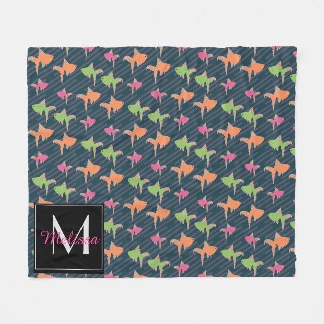 Neon Goldfish Colorful Fun Monogram Custom Name Fleece Blanket (Front (Horizontal))
