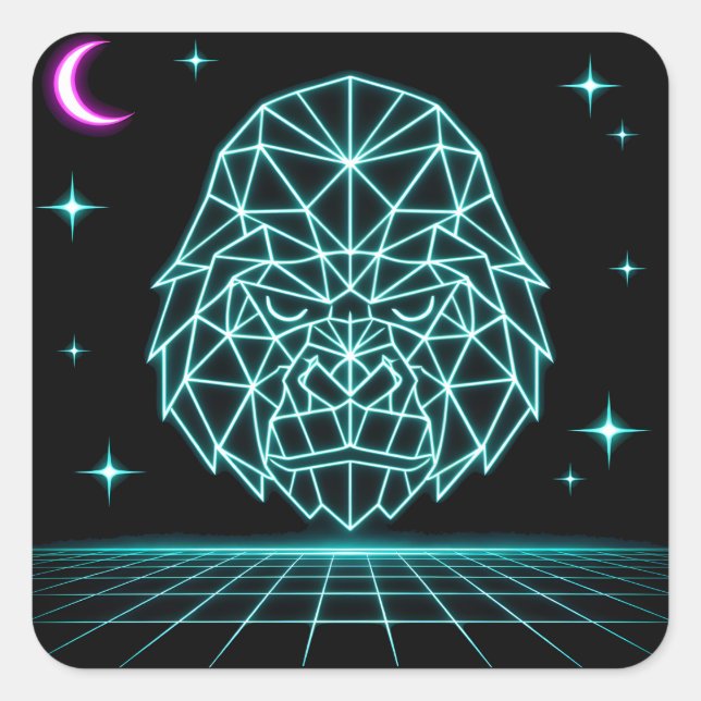 Neon Gorilla Synthwave - Retro Power Beast Square Sticker (Front)