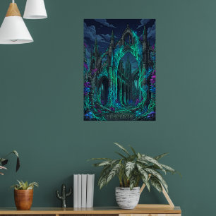 Neon Gothic Ruins Glowing Lichen Dark Fantasy Fine Poster