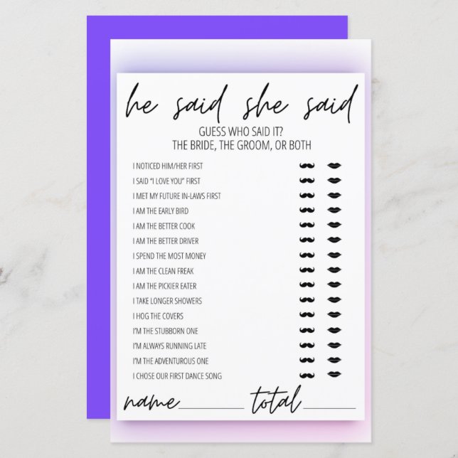 Neon Gradient He Said She Said Bridal Shower Game  (Front/Back)