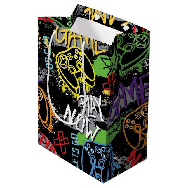 Neon Graffiti Gaming Pattern Medium Gift Bag (Back Angled)