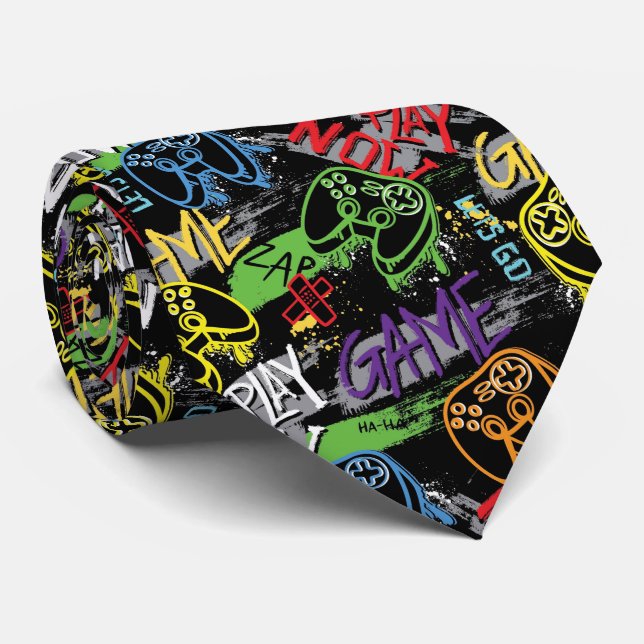 Neon Graffiti Gaming Pattern Neck Tie (Rolled)
