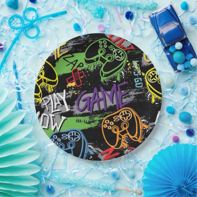 Neon Graffiti Gaming Pattern Paper Plates (Party)