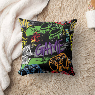Neon Graffiti Gaming Pattern Throw Pillow