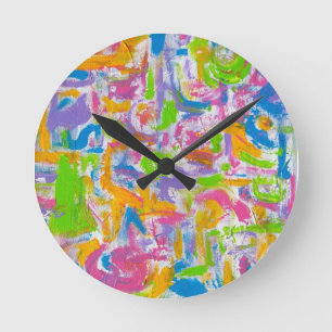 Neon Graffiti-Hand Painted Abstract Brushstrokes Round Clock