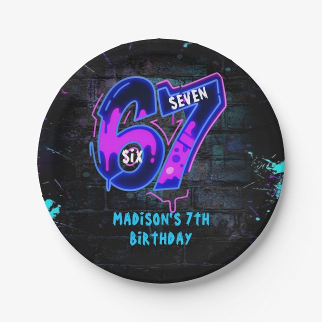Neon Graffiti Six Seven 7th Birthday Paper Plate (Front)