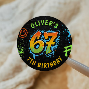 Neon Graffiti Six Seven Kids 7th Birthday Party Classic Round Sticker
