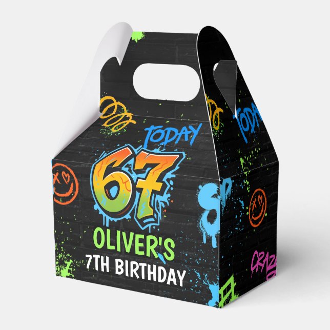 Neon Graffiti Six Seven Kids 7th Birthday Party Favor Boxes (Front Side)