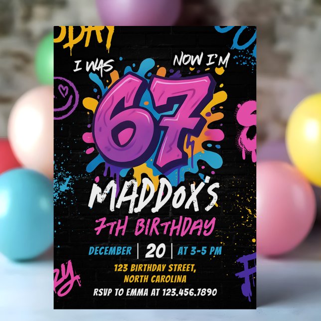 Neon Graffiti Six Seven Kids 7th Birthday Party Invitation (Creator Uploaded)