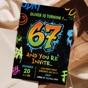Neon Graffiti Six Seven Kids 7th Birthday Party Invitation