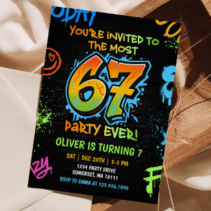 Neon Graffiti Six Seven Kids 7th Birthday Party Invitation