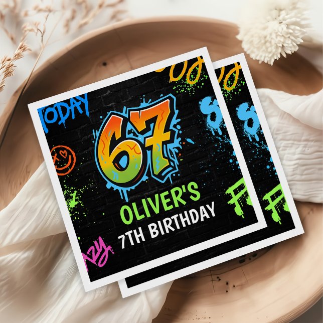 Neon Graffiti Six Seven Kids 7th Birthday Party Napkins (Creator Uploaded)