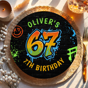 Neon Graffiti Six Seven Kids 7th Birthday Party Paper Plates