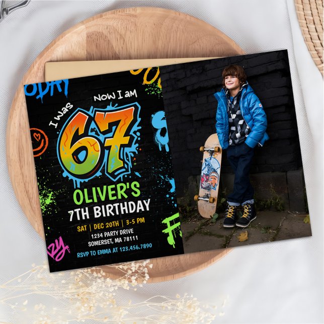Neon Graffiti Six Seven Kids 7th Birthday Photo Invitation (Creator Uploaded)