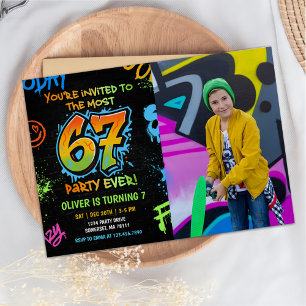 Neon Graffiti Six Seven Kids 7th Birthday Photo Invitation