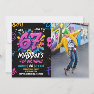 Neon Graffiti Six Seven Kids 7th Birthday Photo Invitation