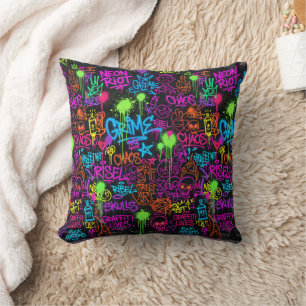 Neon Graffiti Street Art Collage Pattern Throw Pillow