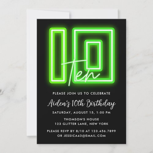 Neon Green 10th Birthday Invitation