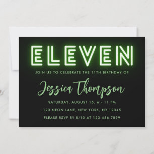 Neon Green 11th Birthday Invitation