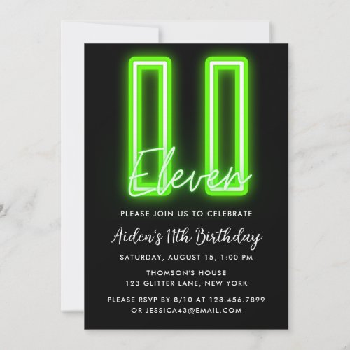 Neon Green 11th Birthday Invitation