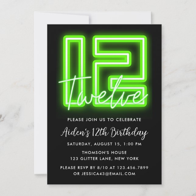 Neon Green 12th Birthday Invitation (Front)