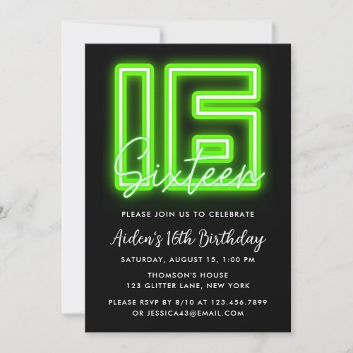 Neon Green 15th Birthday Invitation